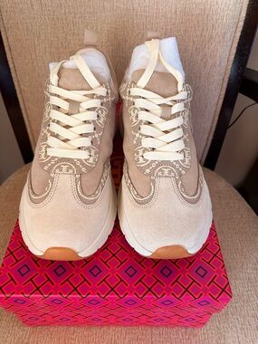 Tory Burch Neutral Suede & Canvas Logo Lace-Up Sneakers with Cream Laces